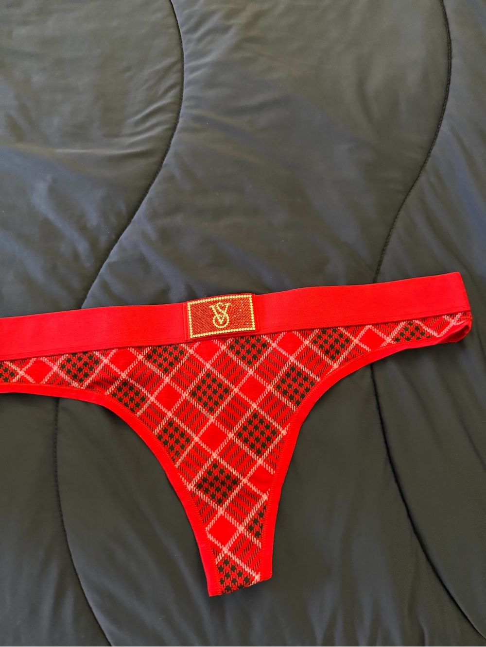 Victoria's Secret Red Plaid Lace Thong with Gold Logo